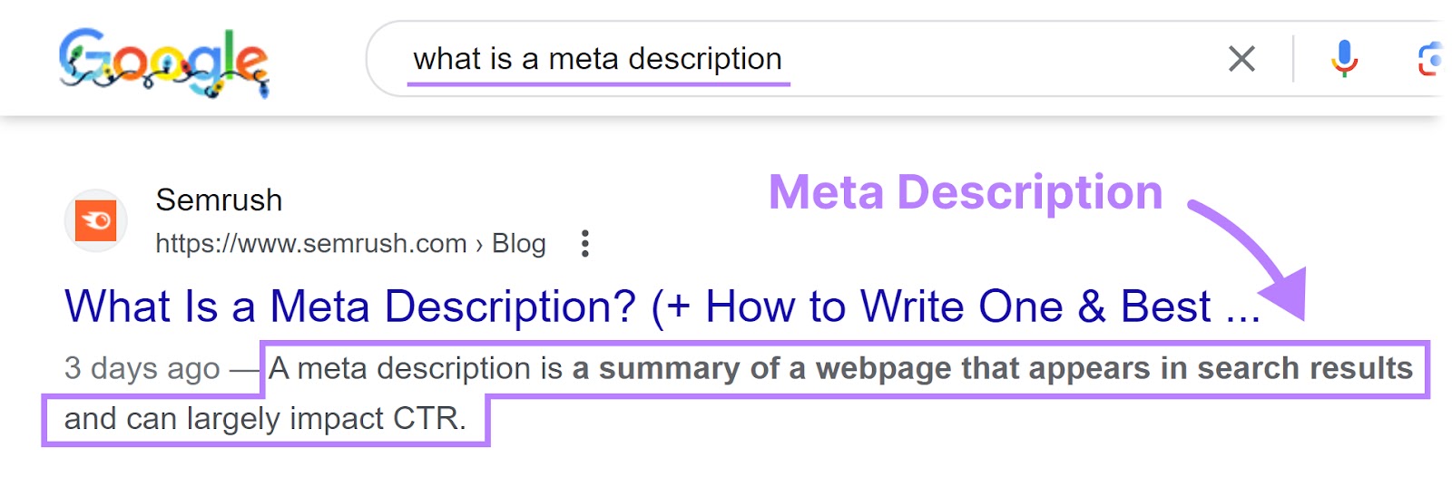 Una meta descripción destacada en SERP bajo el blog de Semrush