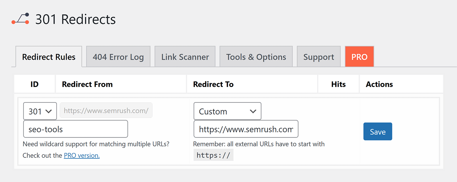301 redirect plugin interface with URL path entered and custom destination set to sr01.amztoolslab.com URL.