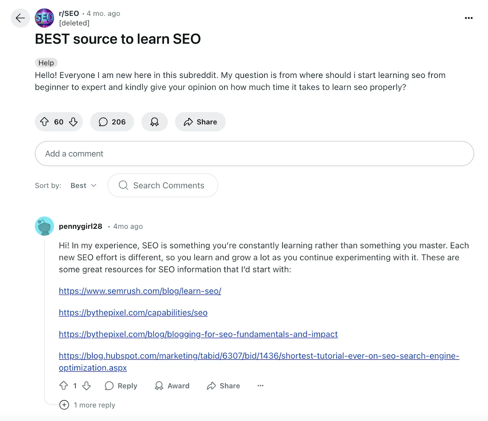 Post di Reddit sulla migliore fonte per imparare la SEO con risposta dell'utente