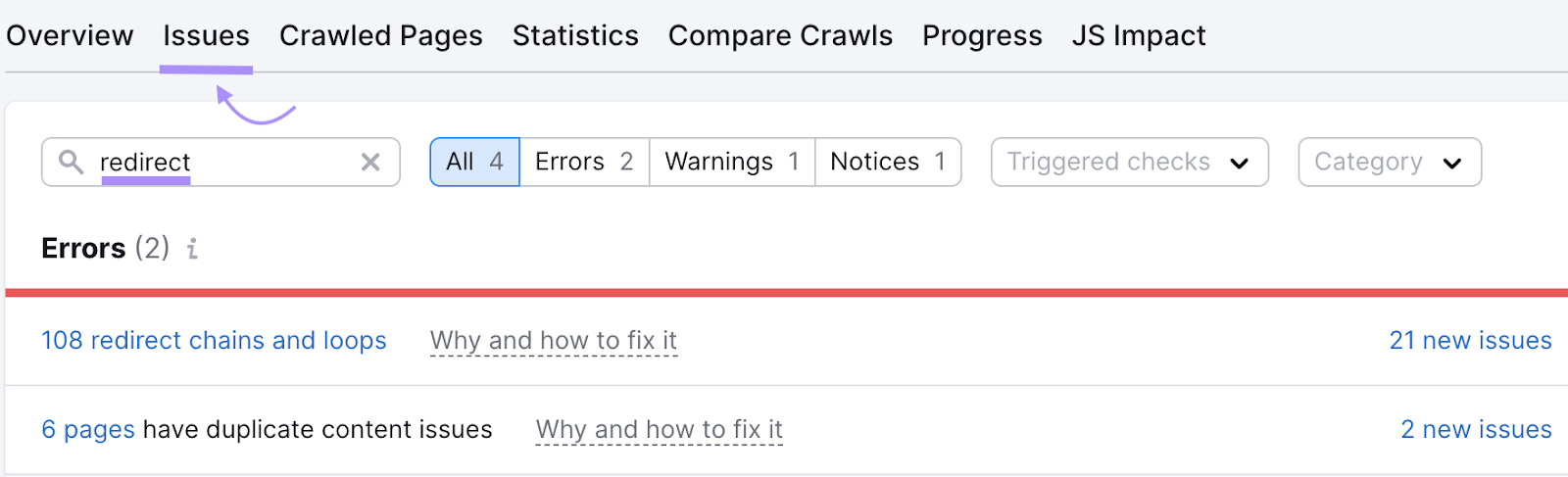 procure por “redirecionamento” na aba “Problemas” da Auditoria do Site