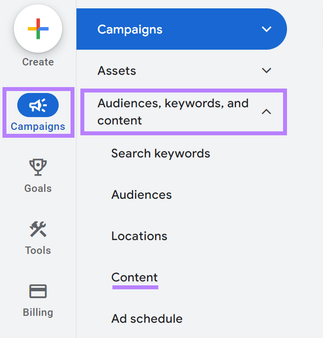 Im Google Ads-Menü wurde unter „Zielgruppen, Keywords und Inhalte“ die Option „Inhalt“ ausgewählt.