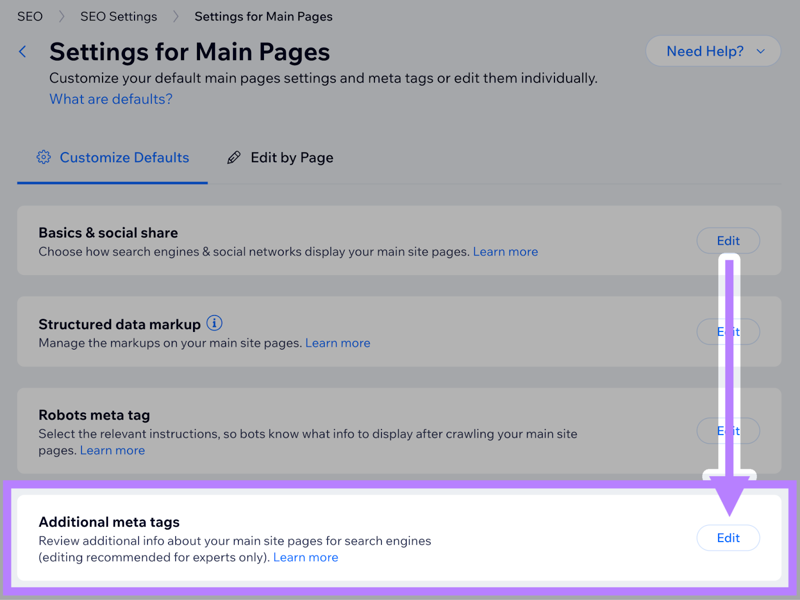 Botão “edit” na seção “additional Meta tags” destacado
