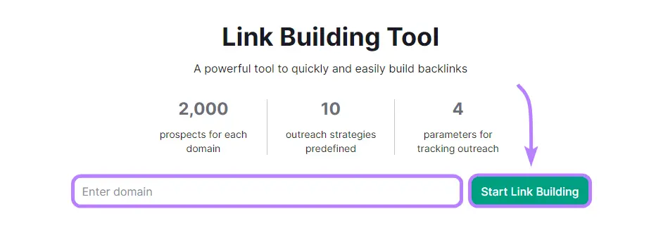 Lo strumento Link Building inizia con il campo di input e il pulsante Avvia Link Building evidenziato.