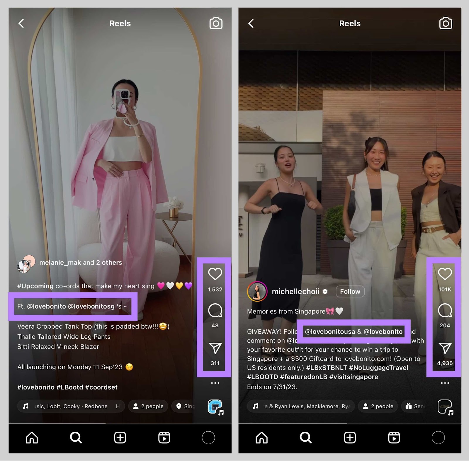 Un ejemplo de dos influencers promocionando la marca @lovebonito