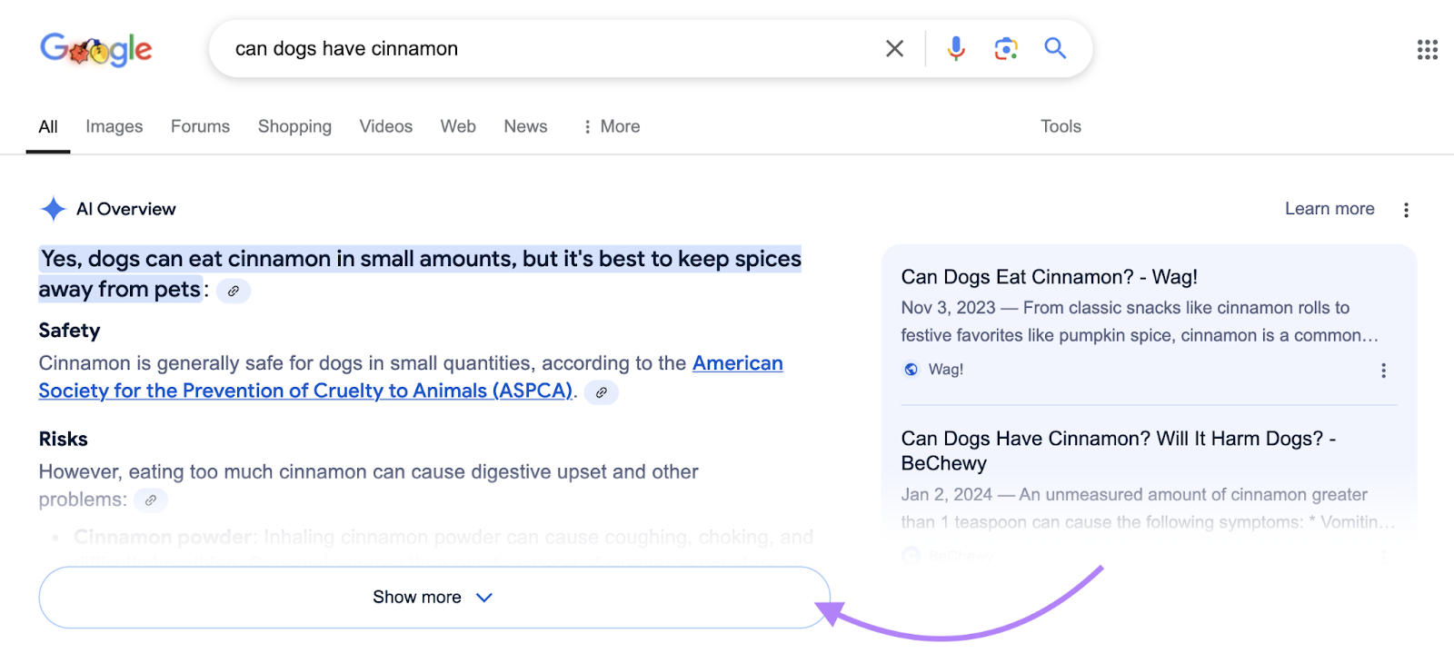 Show more button is highlighted at the bottom of the AI Overview SERP feature.