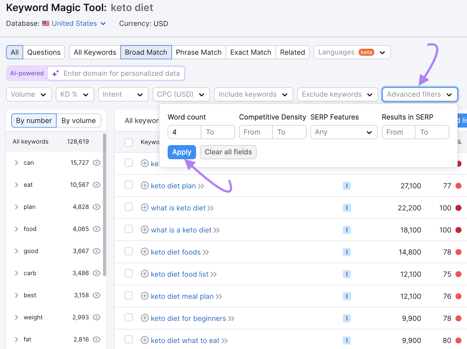 Janela de filtros avançados na Keyword Magic Tool, com um mínimo de quatro palavras definidas como contagem de palavras
