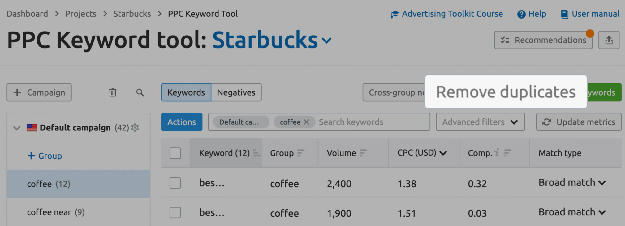 PPC Keyword Tool - remover palavras-chave duplicadas