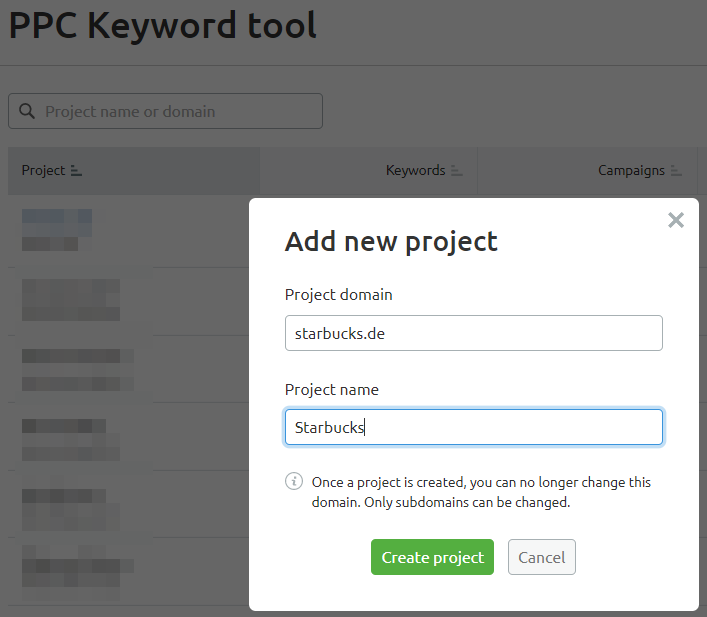 Projekt erstellen im PPC Keyword Tool