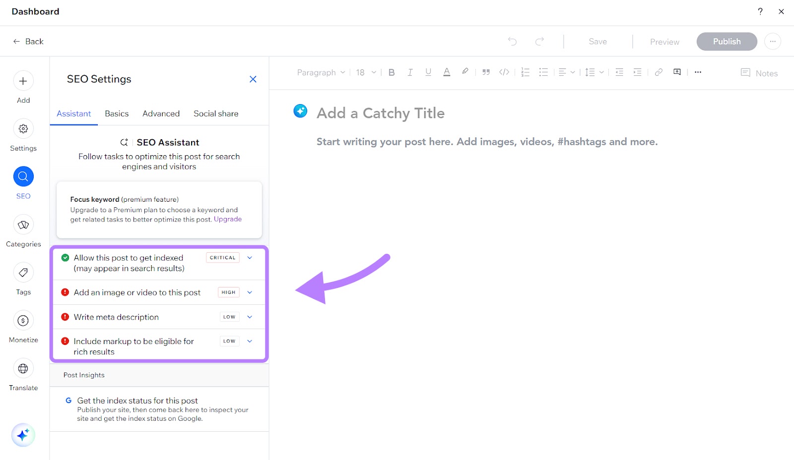 built-in SEO assistant in Wix editor
