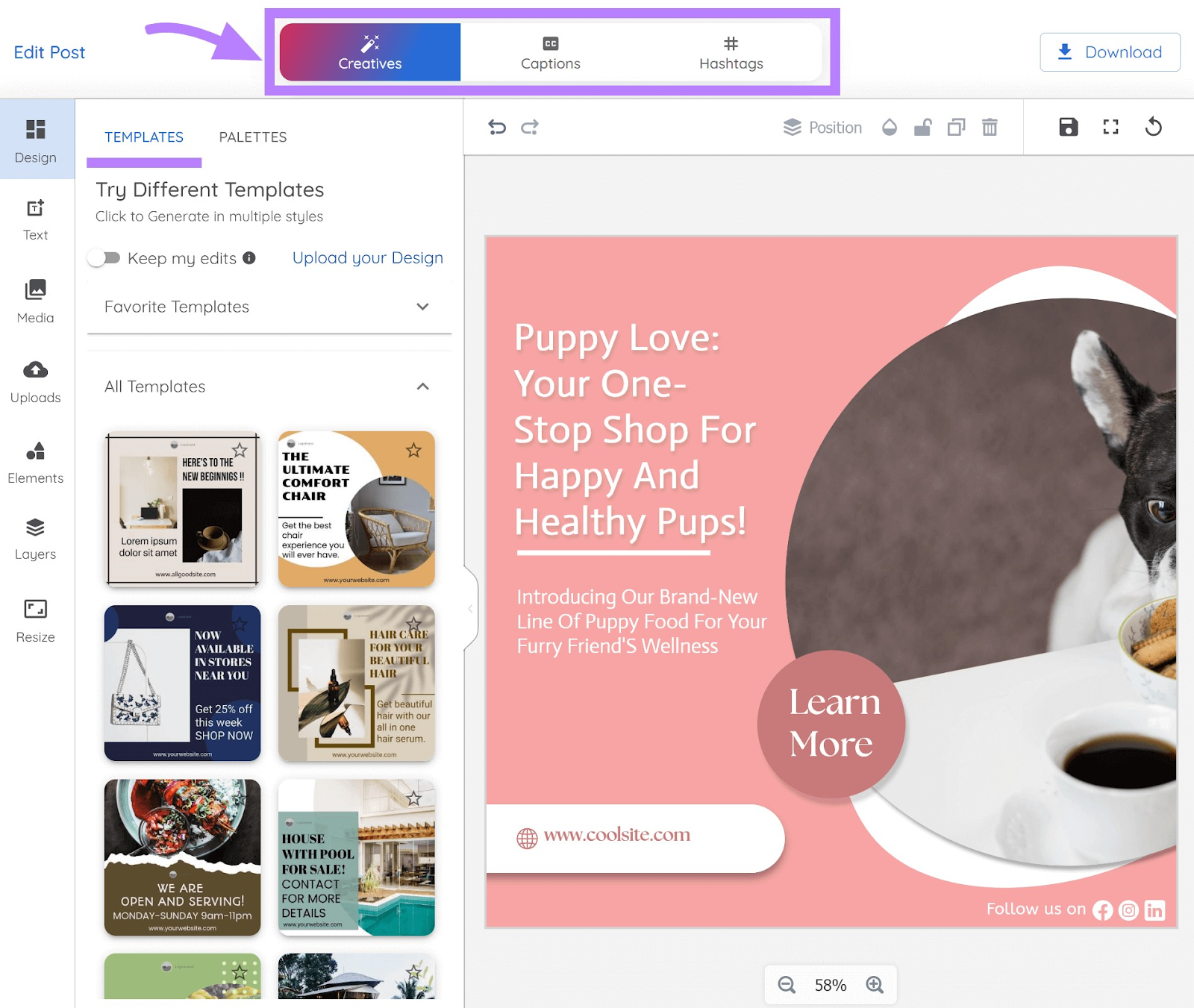 「クリエイティブ、キャプション、ハッシュタグ」オプションは、ツールの上部セクションで強調表示されます。
