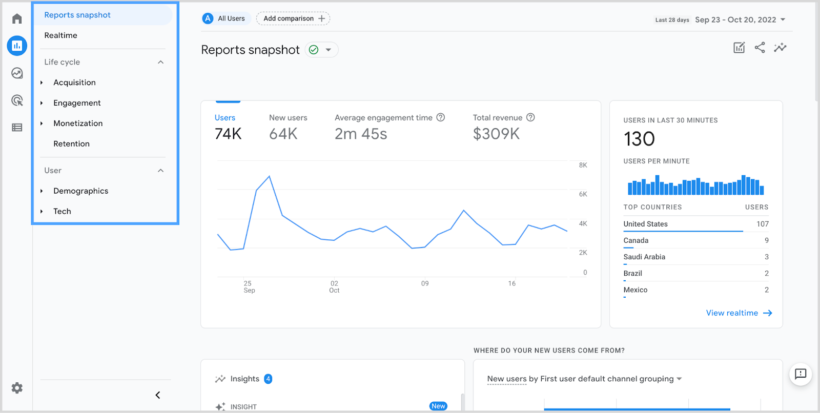 Instantánea de los informes de Google Analytics