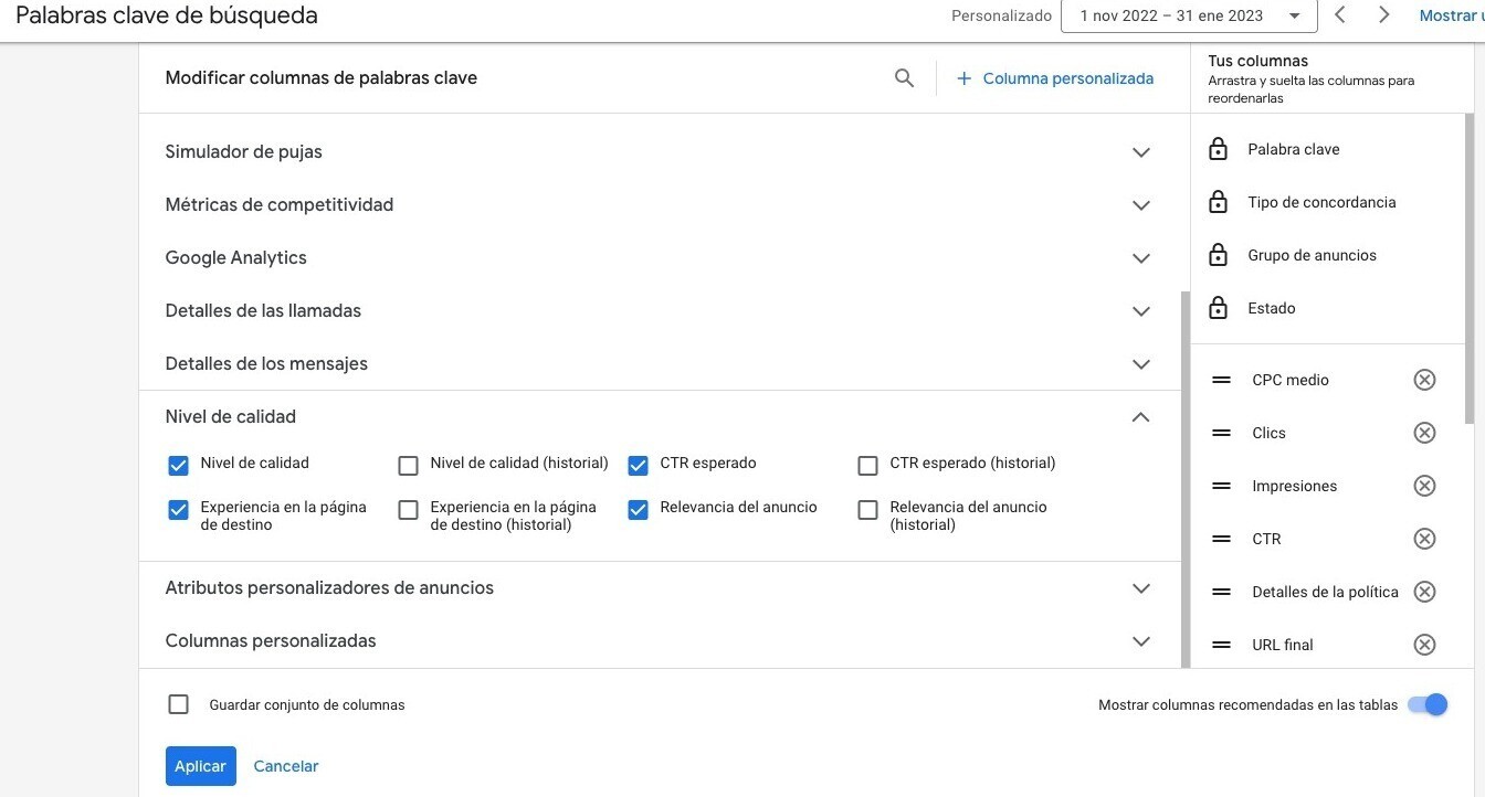 modificiar columnas de palabras clave