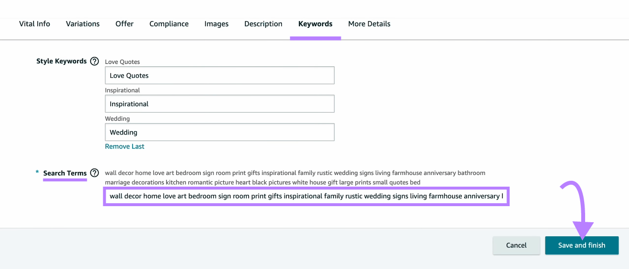Campo "Términos de búsqueda" resaltado en la pestaña "Palabras clave" en Amazon Seller Central