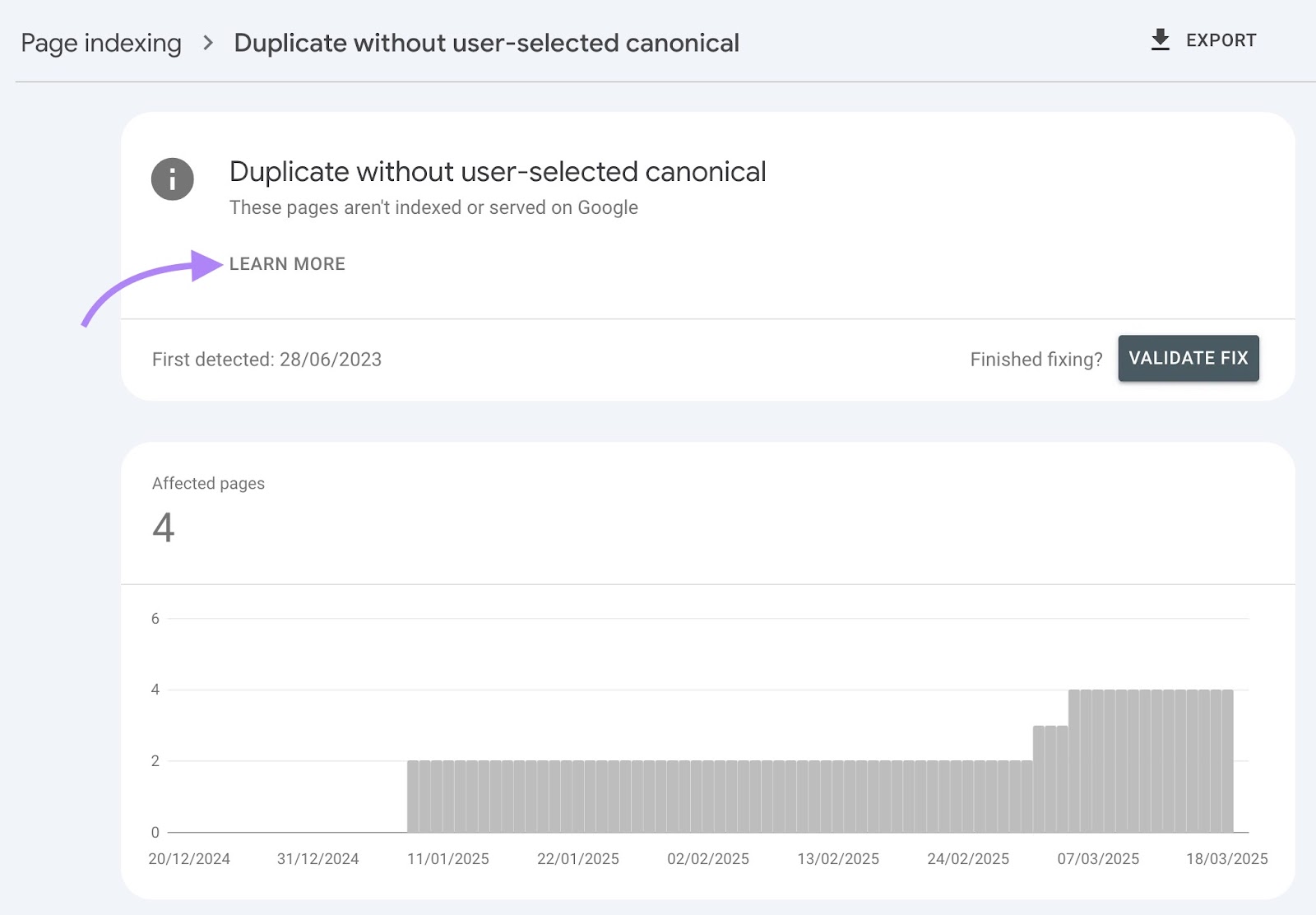Un elenco di URL non indicizzati a causa della duplicazione su Google Search Console con il pulsante "Scopri di più" evidenziato.