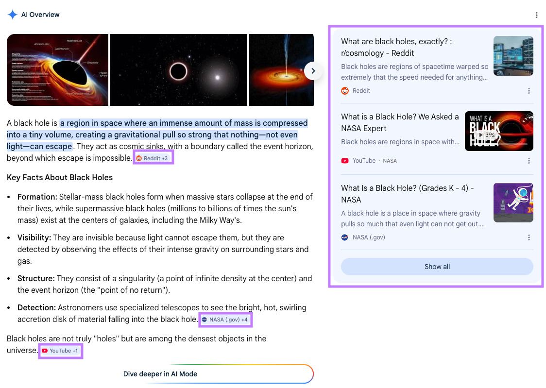 Screenshot of a Google AI Overview result showing both inline sources within the answer and additional sources in the sidebar.
