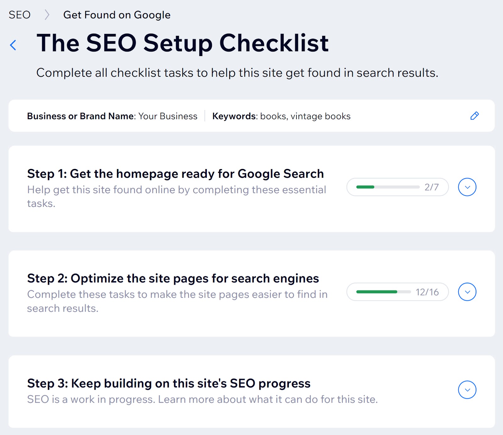 the SEO setup checklist in Wix