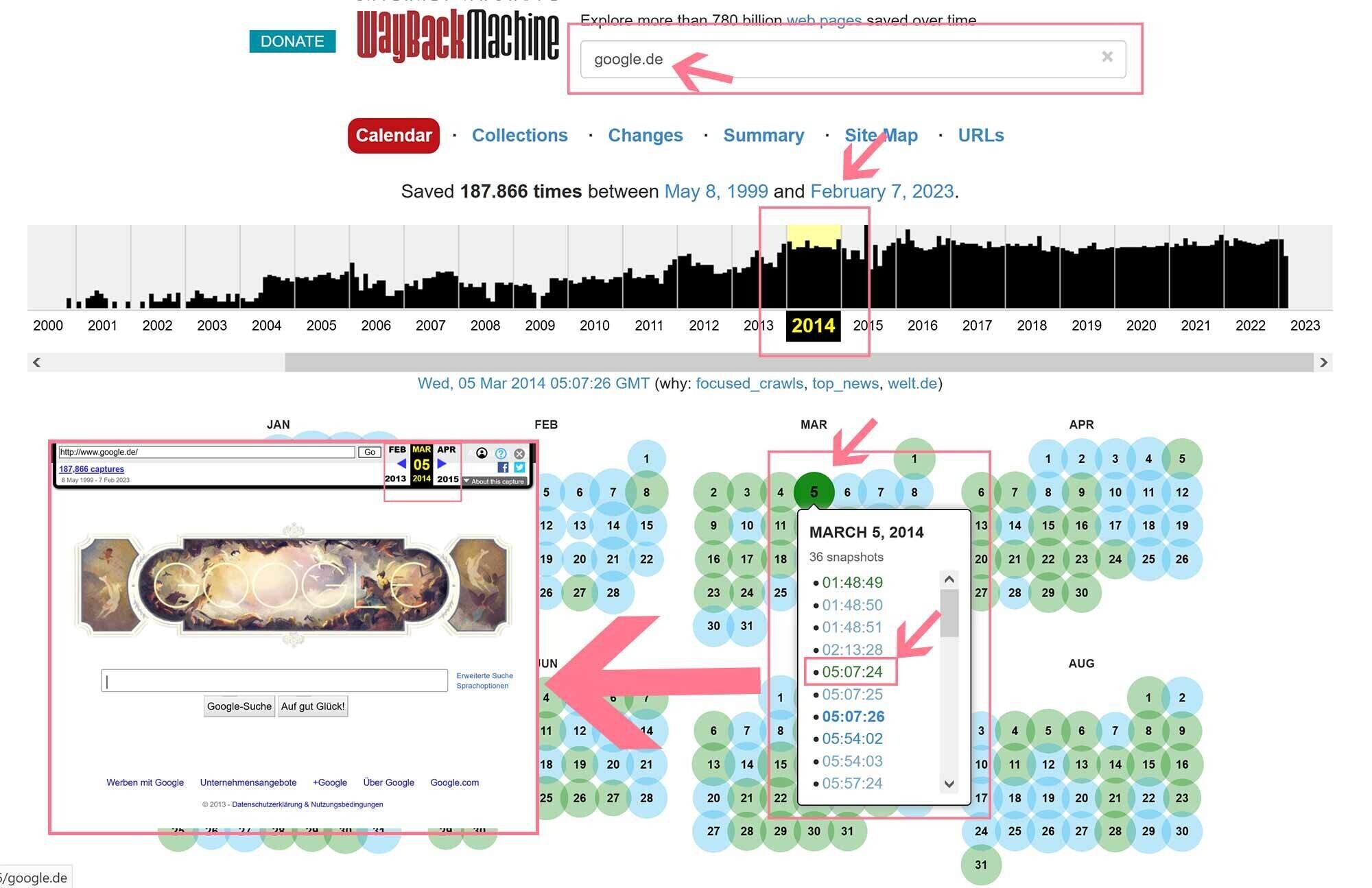 Die Wayback Machine: URL eingeben, Datum wählen, Snapshot wählen, alte Version erhalten