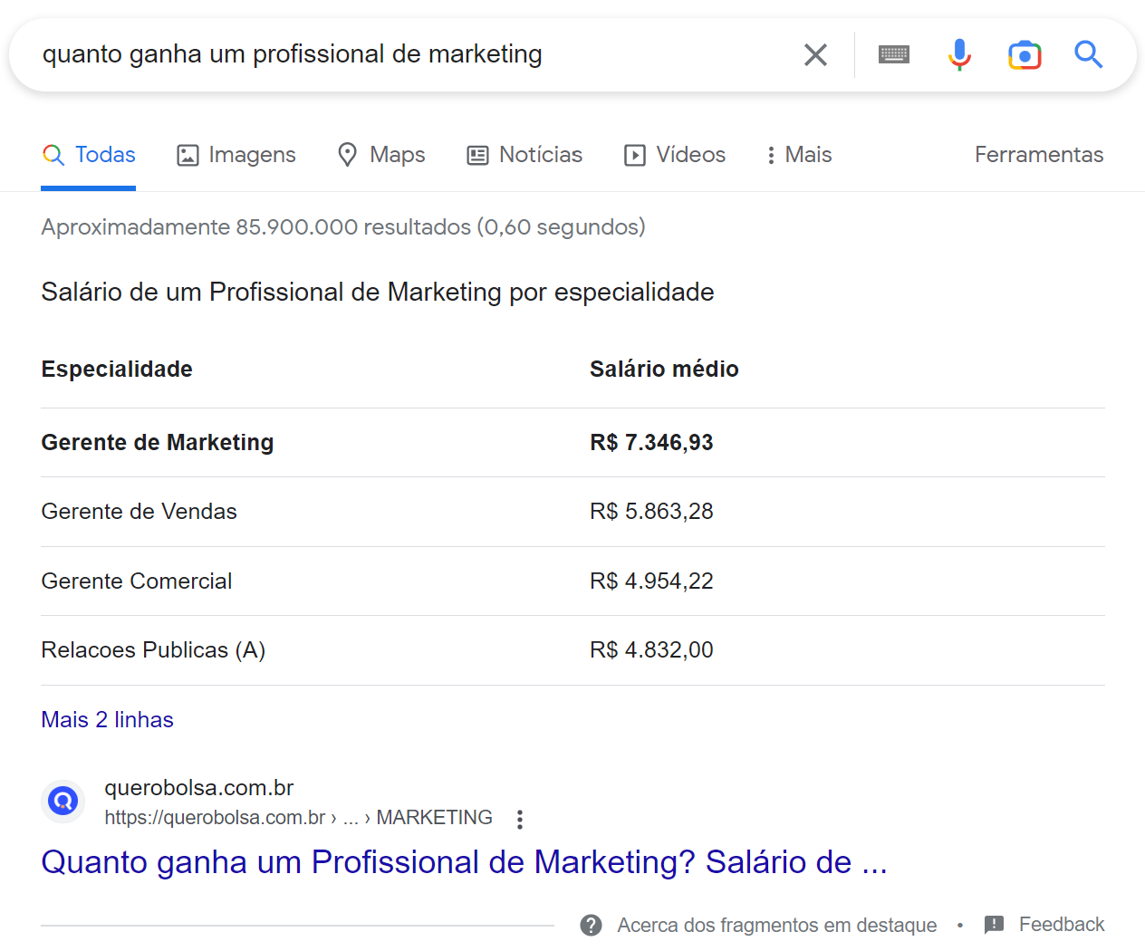 exemplo de featured snippet de tabela