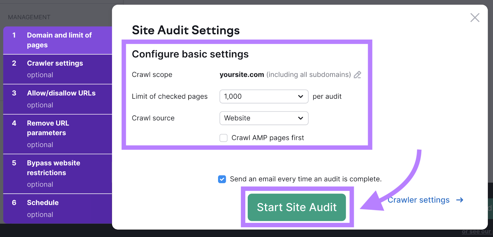 Cuadro Configuración de la auditoría del sitio