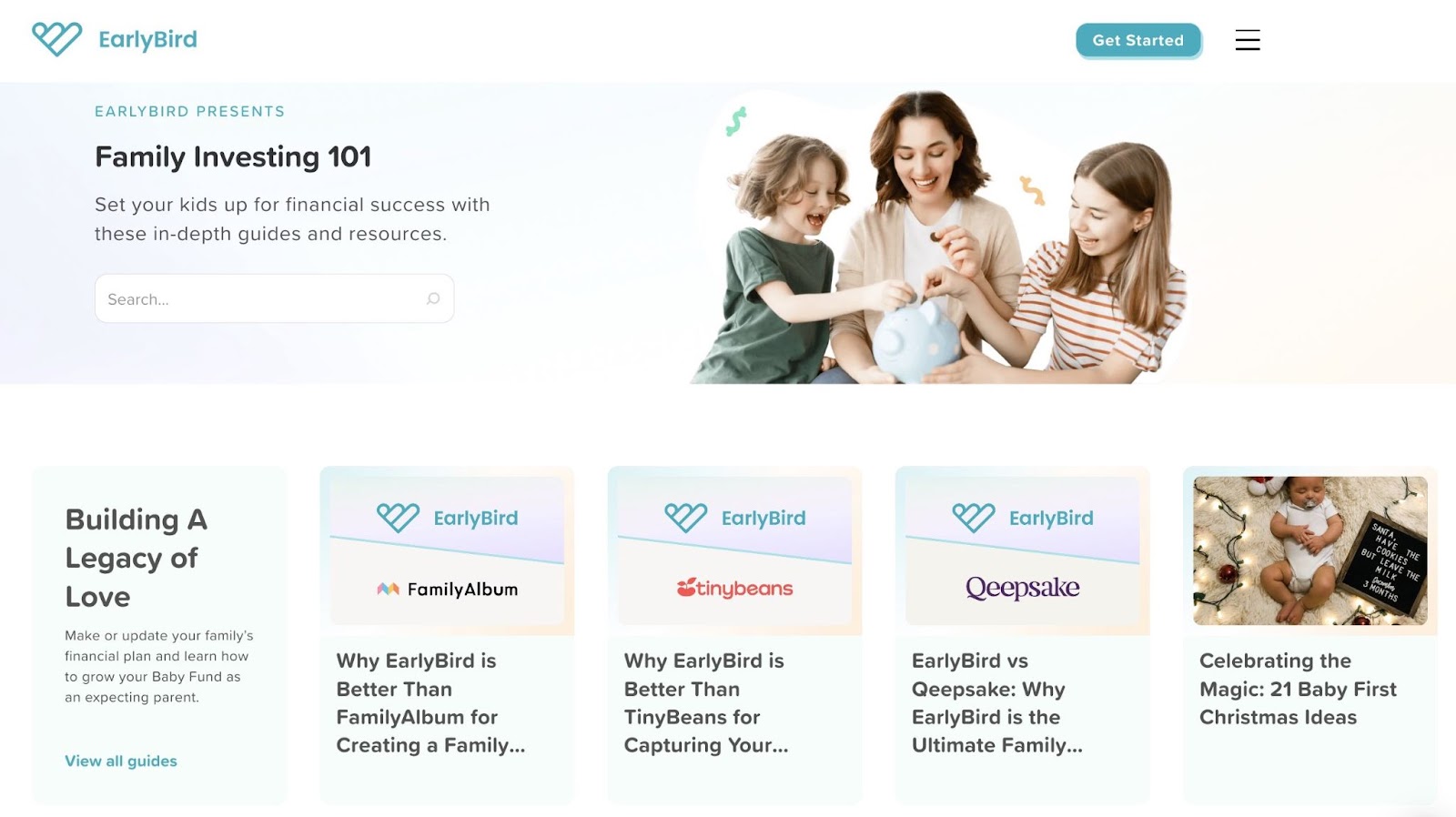 The EarlyBird blog page contains different articles related to investing for children early.