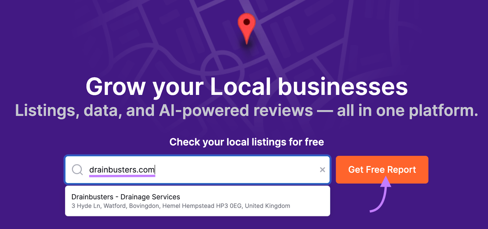 "drainbusters.com" introducido en la barra de búsqueda de la herramienta de Gestión de Listados