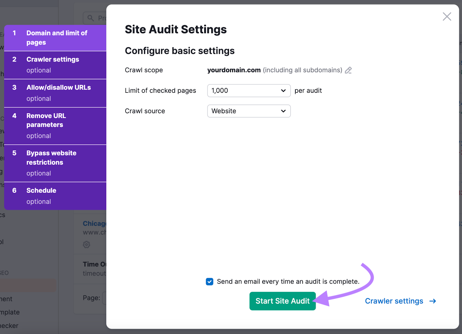 página de configuración de Auditoría del sitio