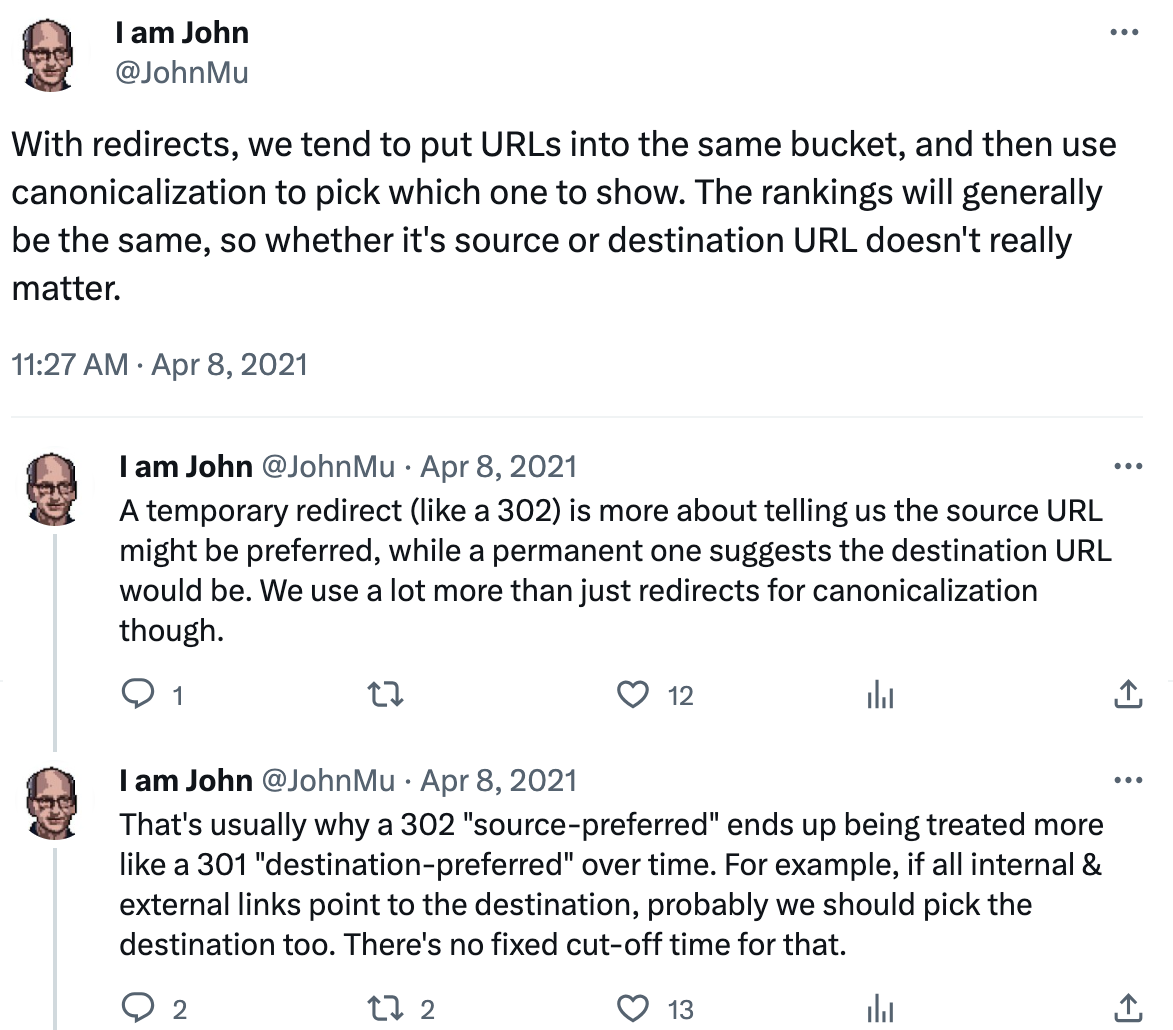 Tuit de John Mueller de Google explicando cómo trata Google las redirecciones 302