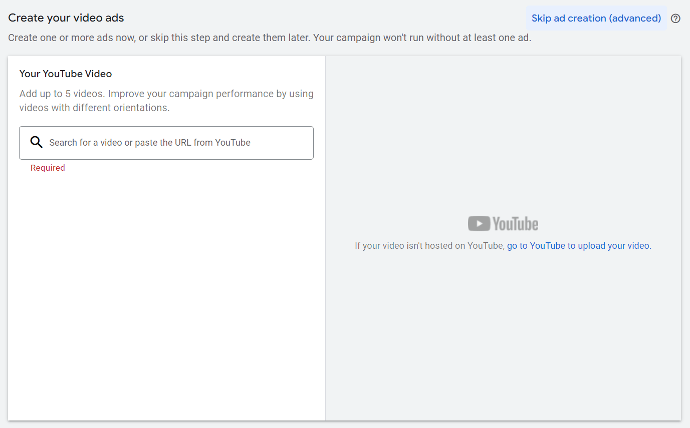 Abschnitt „Erstellen Sie Ihre Videoanzeigen“ in Google Ads