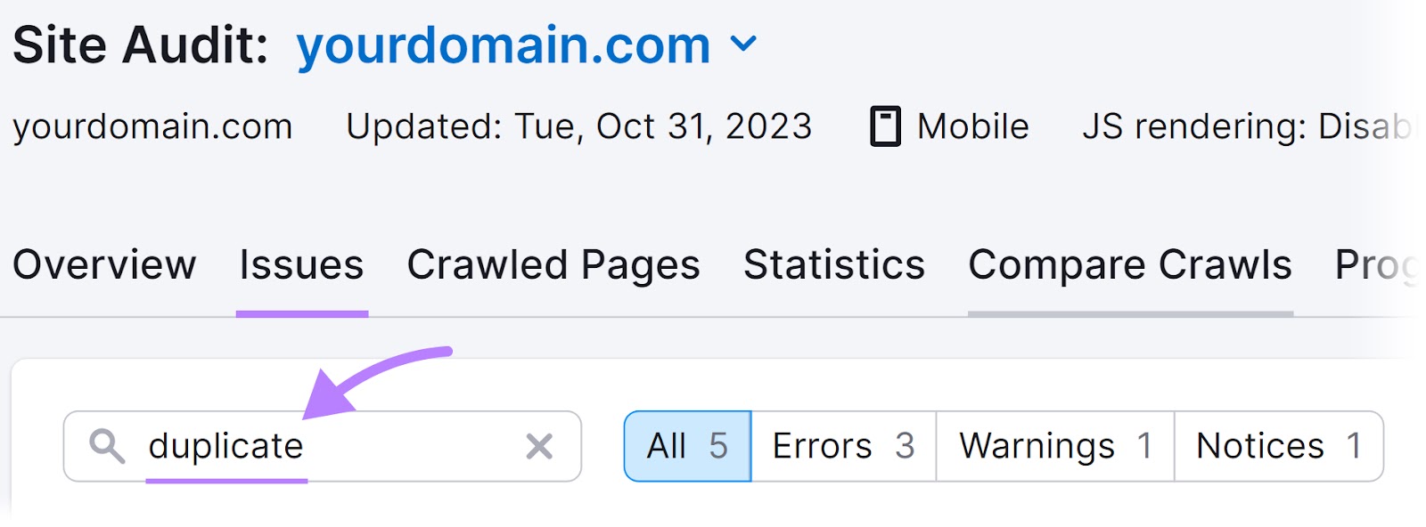 Buscar problemas que contengan la palabra "duplicado" en la herramienta Auditoría del Sitio