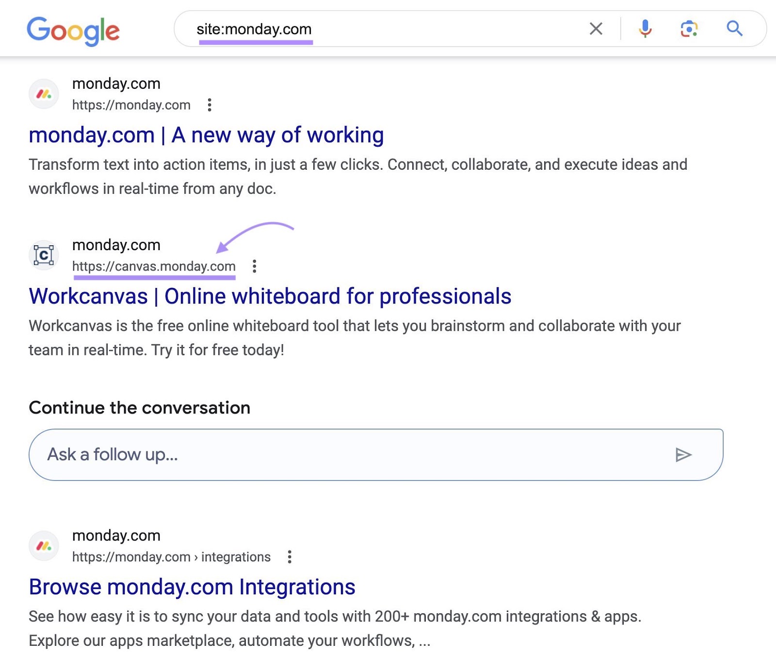 A resultados de "https://canvas.moday.com" destacados en la SERP de Google para "site:monday.com" site search