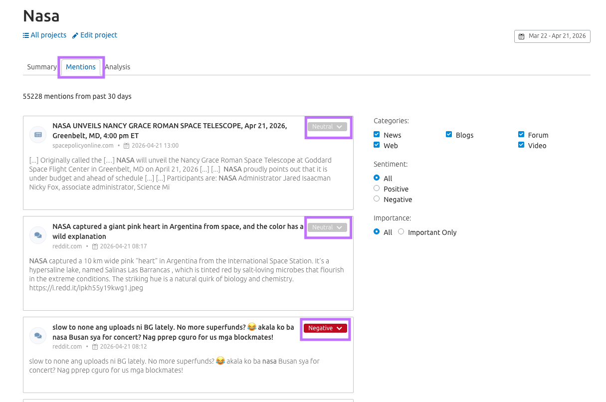 Screenshot of Semrush media monitoring report with the “Mentions” tab highlighted, and both “Negative” and “Neutral” options selected in the “Sentiment” filter modal.