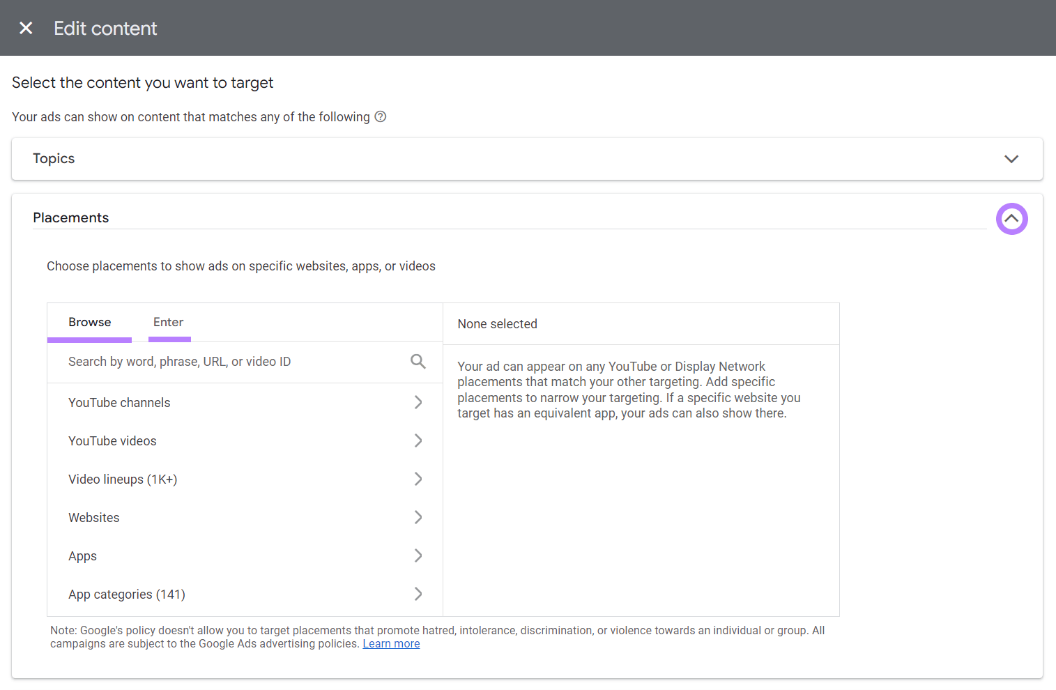 Die Registerkarten „Durchsuchen“ und „Eingabe“ sind im Fenster „Inhalte bearbeiten“ in Google Ads hervorgehoben.