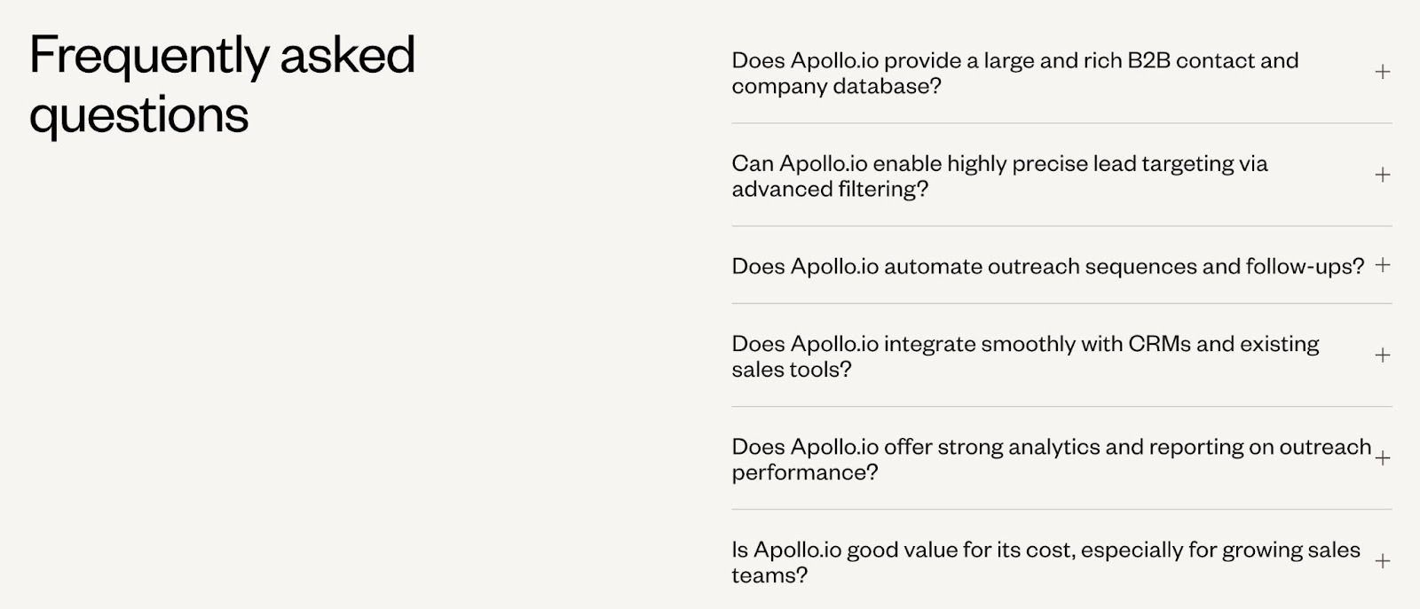 A seção de Perguntas Frequentes na página inicial da Apollo aborda dúvidas relevantes que um potencial comprador possa ter.