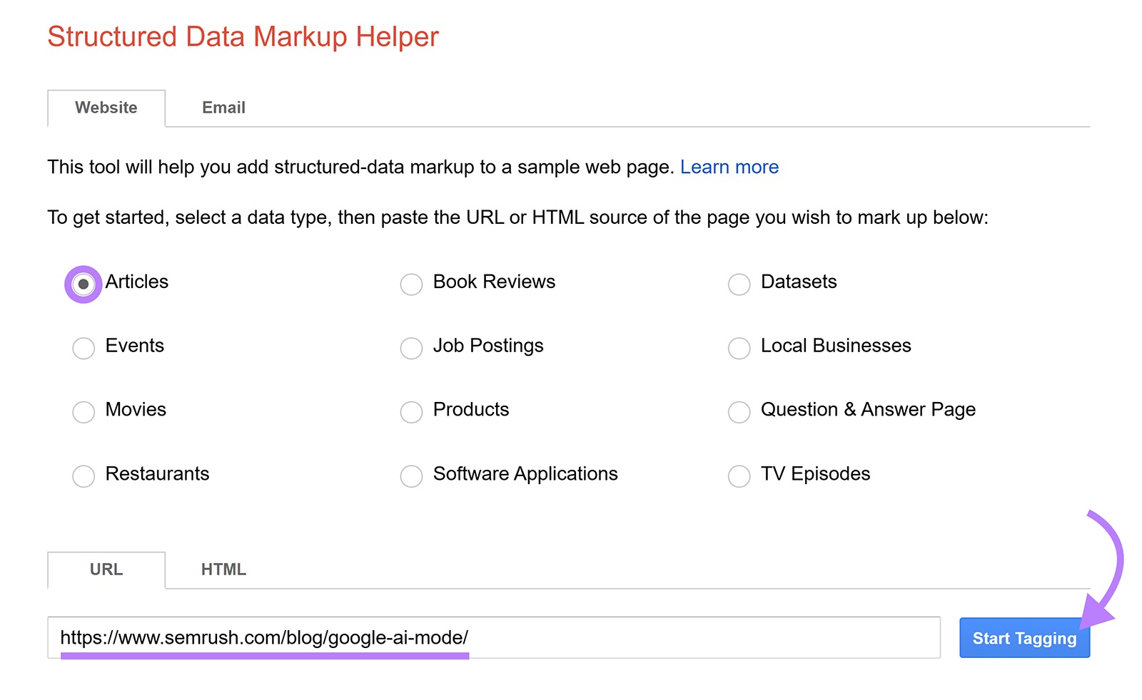 Structured Data Markup Helper with Articles selected and URL entered, arrow pointing to Start Tagging button.