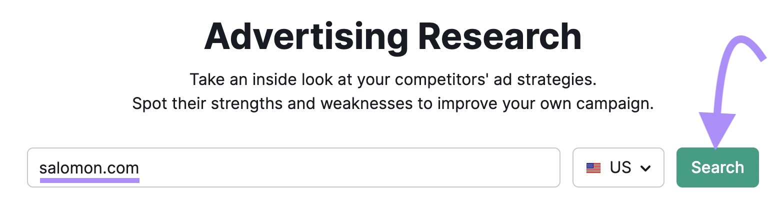 "salomon.com" introducido en la barra de búsqueda de la herramienta de Investigación Publicitaria