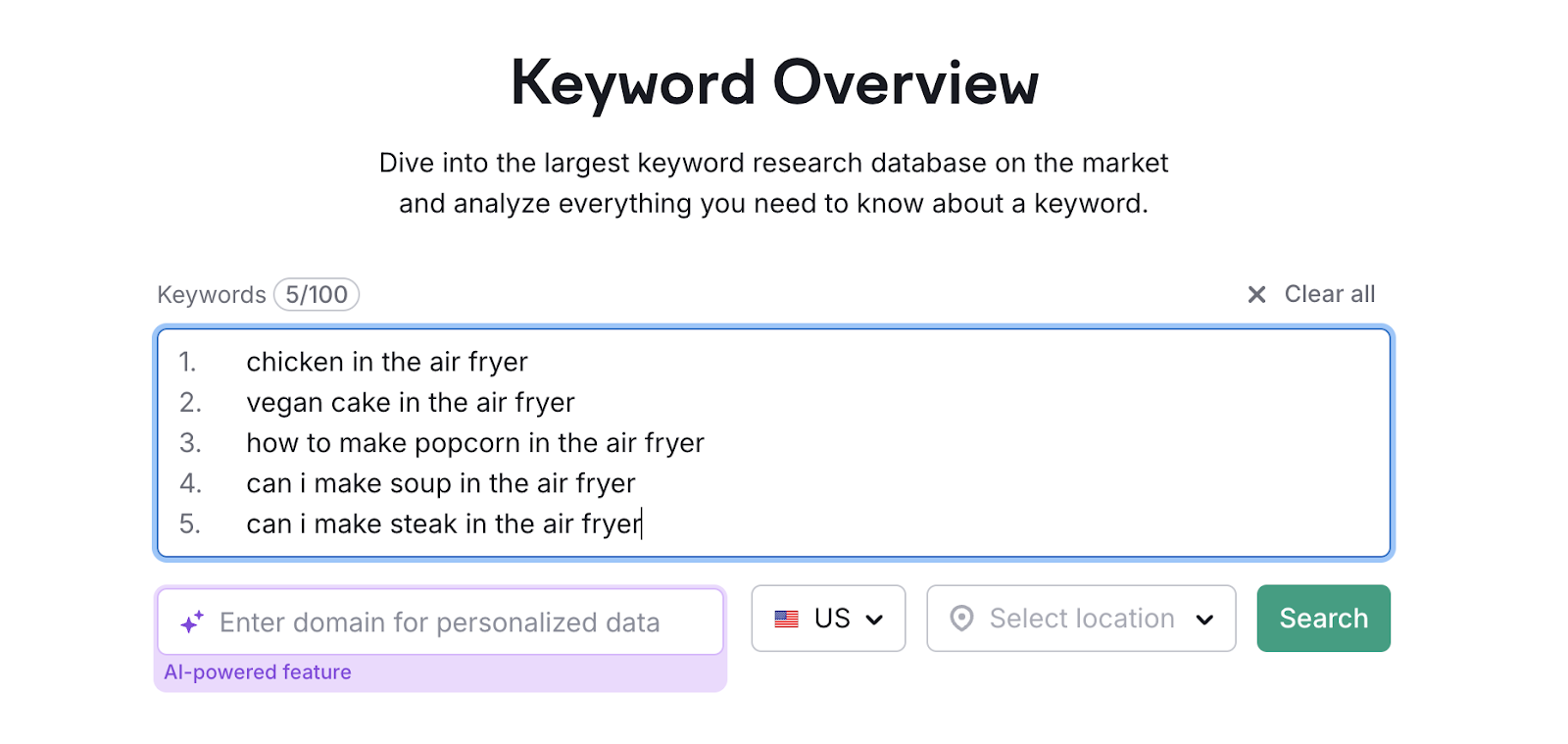 Entering a list of newly discovered terms into Semrush's Keyword Overview tool.