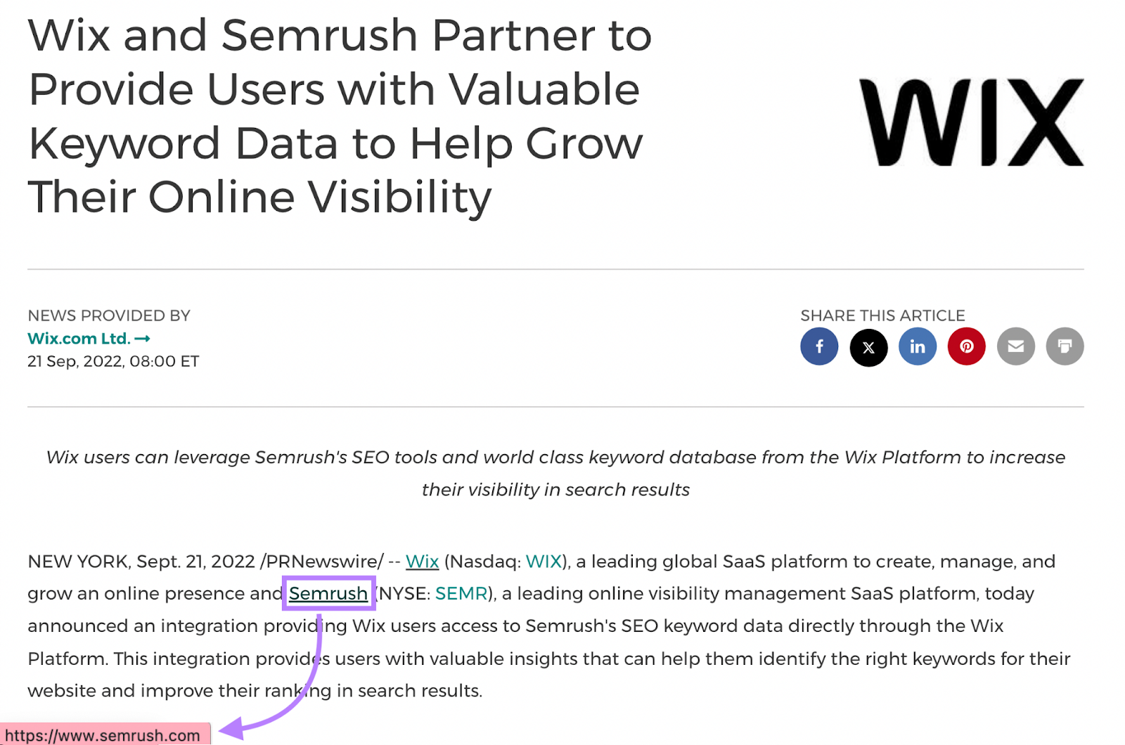 Un ejemplo de backlink de marca al sitio web de Semrush