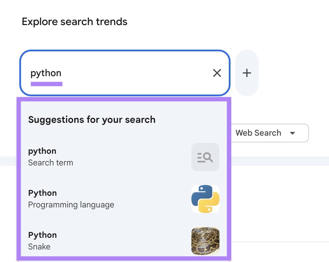 "python" entered on Google Trends with the dropdown showing multiple options like search term, programming language, and snake.