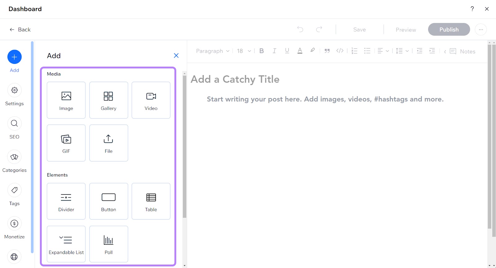 images, galleries, buttons, custom HTML code, and other elements highlighted in Wix editor