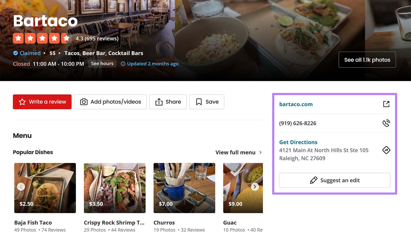 Bartaco restaurant’s Yelp page showing NAP citation card highlighted