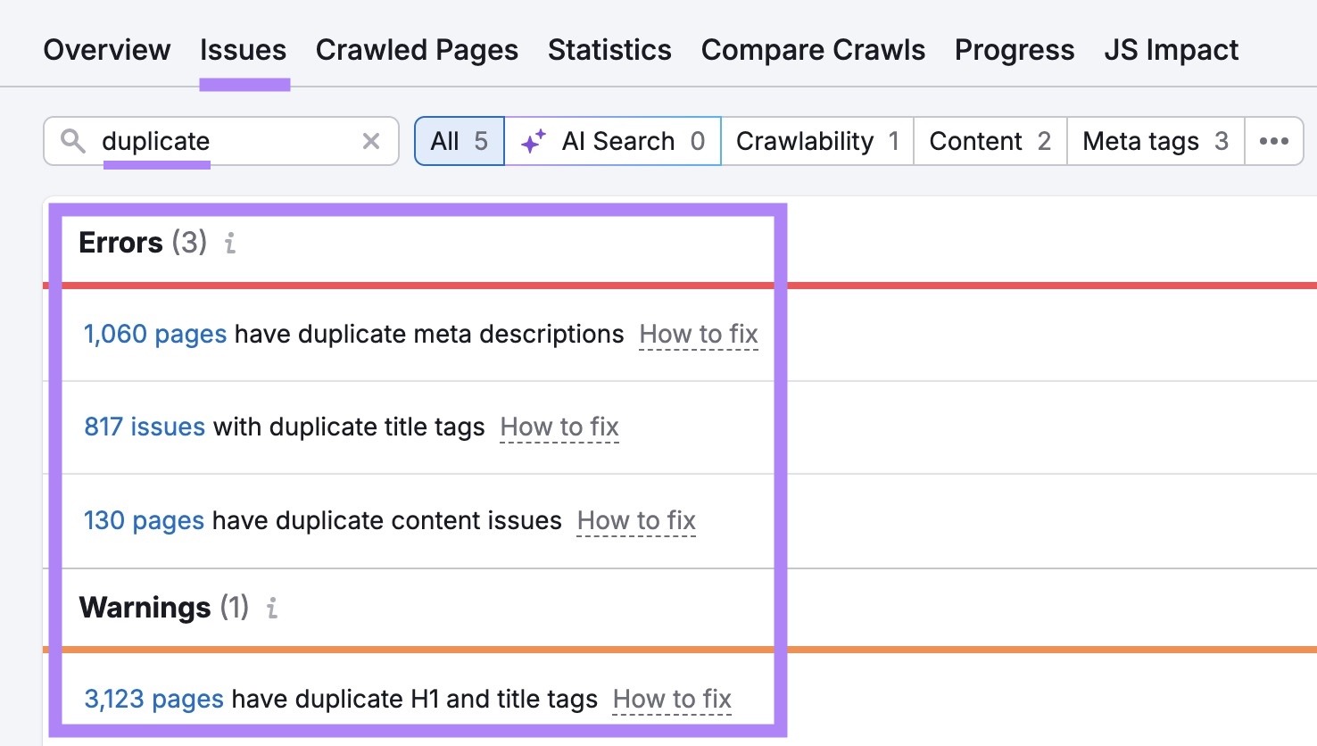 Site Audit Issues with "duplicate" entered showing a list of duplicate content issues.