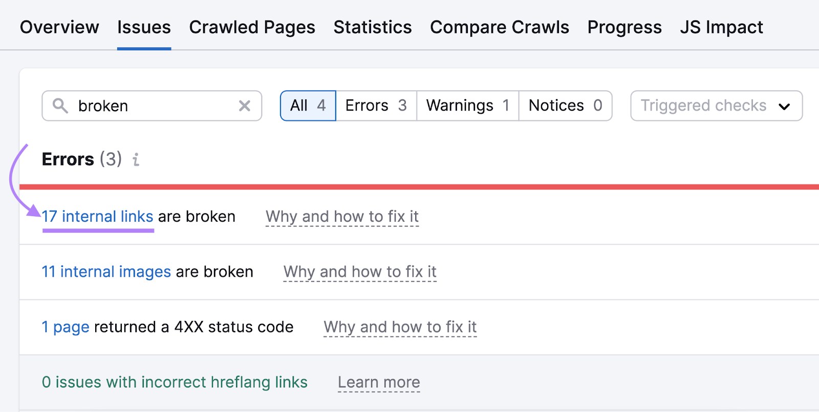 lista de problemas de enlaces rotos como 17 enlaces internos rotos, 11 imágenes internas rotas y 1 código de estado 4XX