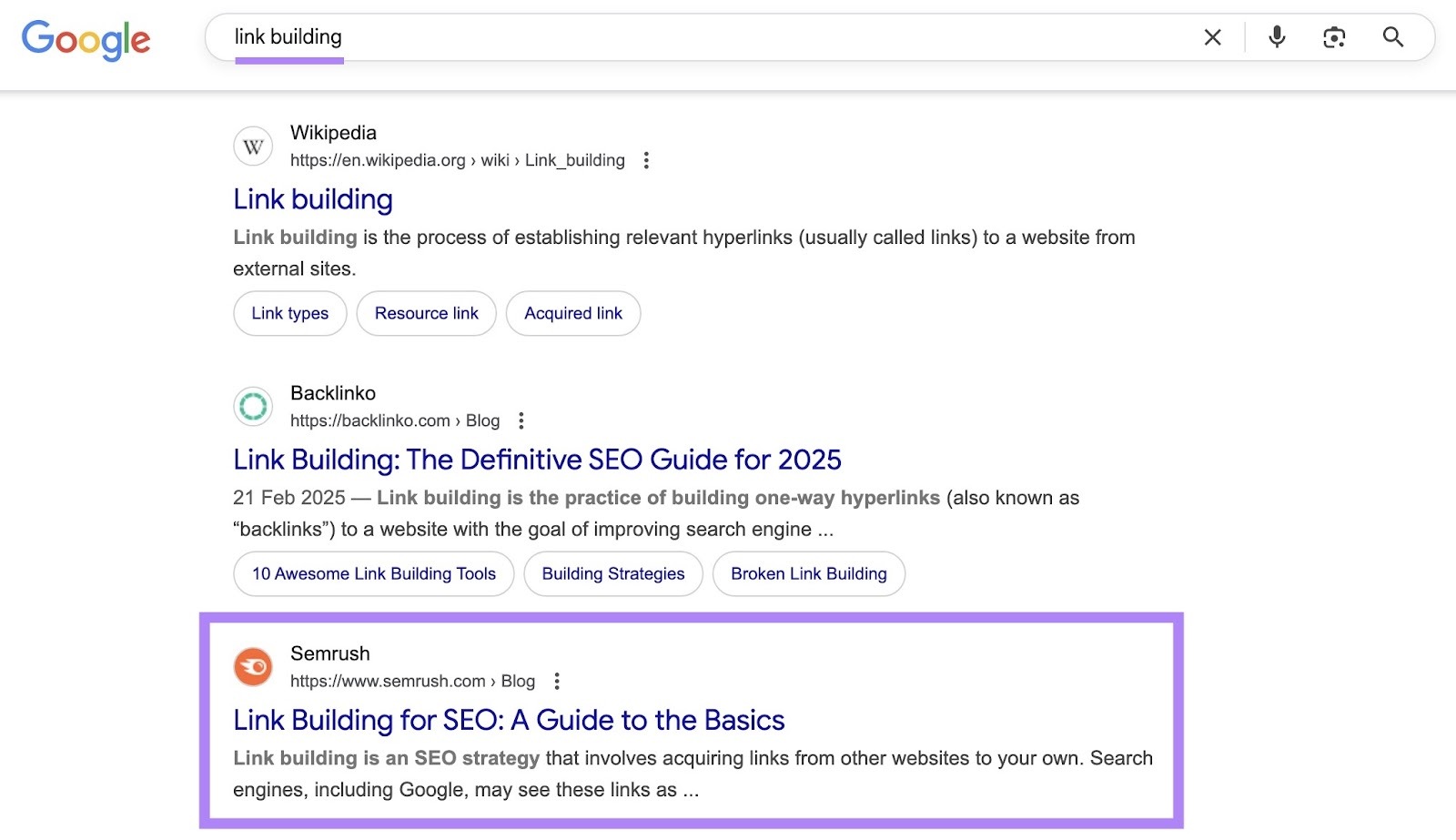 Google SERP with "link building" entered as the term which shows a link building guide from Semrush appearing in the third position.