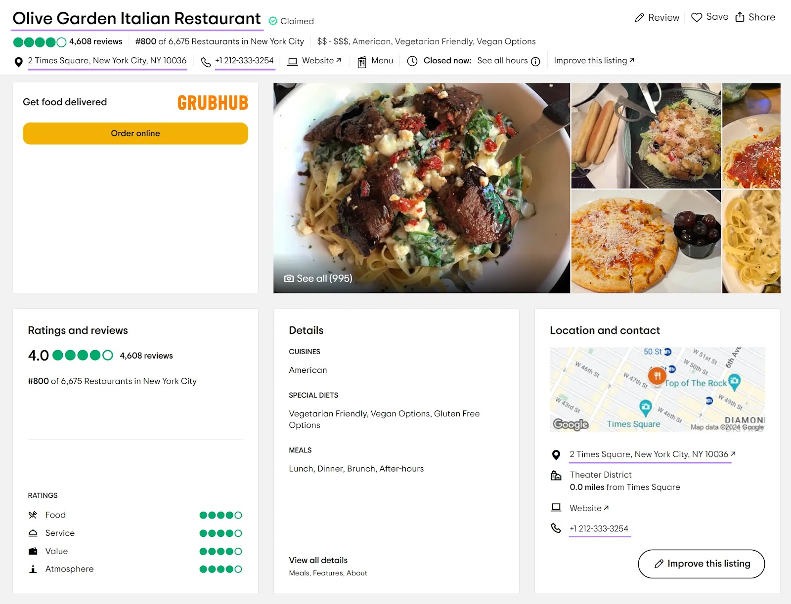 "Restaurante italiano Olive Garden" en Tripadvisor, con el PAN subrayado.