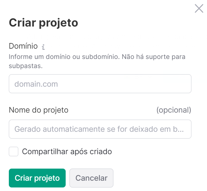 criando novo projeto na semrush