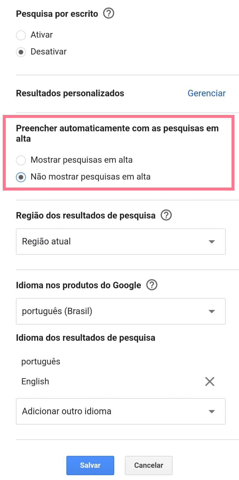 como remover sugestões de pesquisa no celular