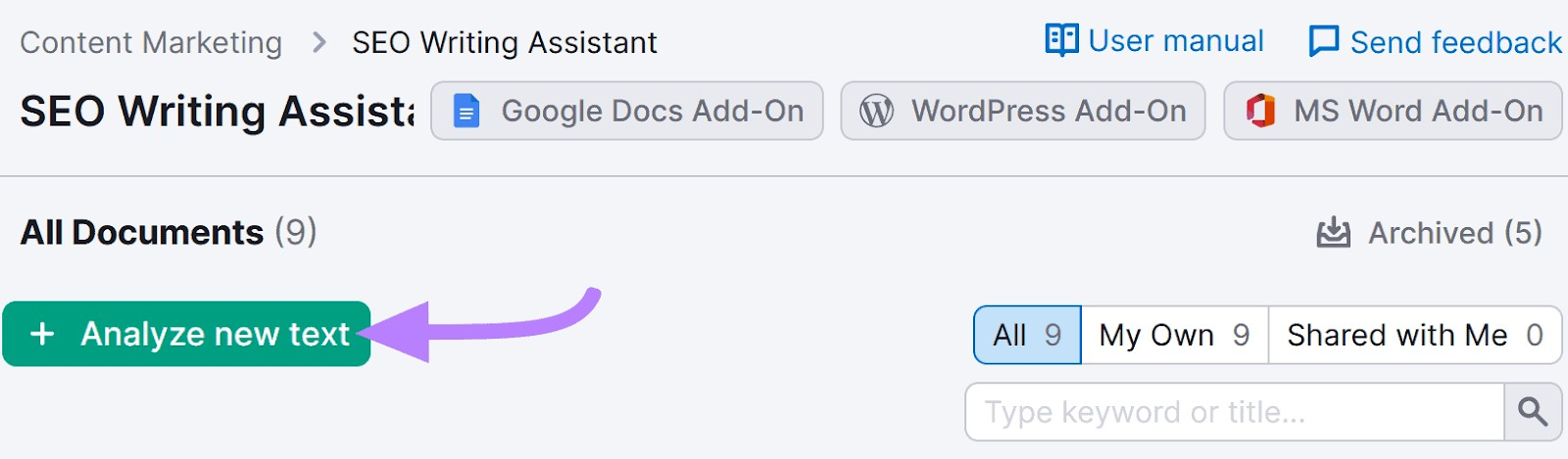 Botón "+ Analizar texto nuevo" resaltado debajo del Asistente de Redacción SEO