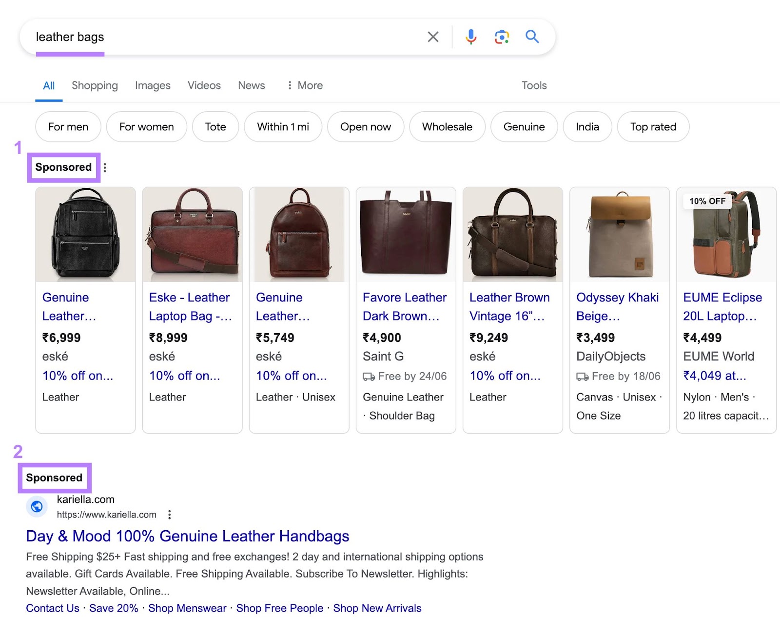 Google SERP for the term "leather bags" showing a carousel of shopping ads and a standard paid search ad.