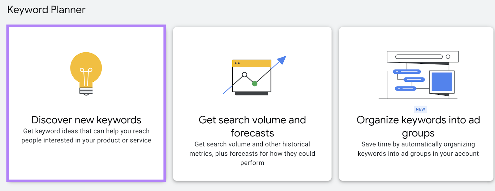 Opción "Descubrir nuevas palabras clave" destacada en el Planificador de palabras clave de Google