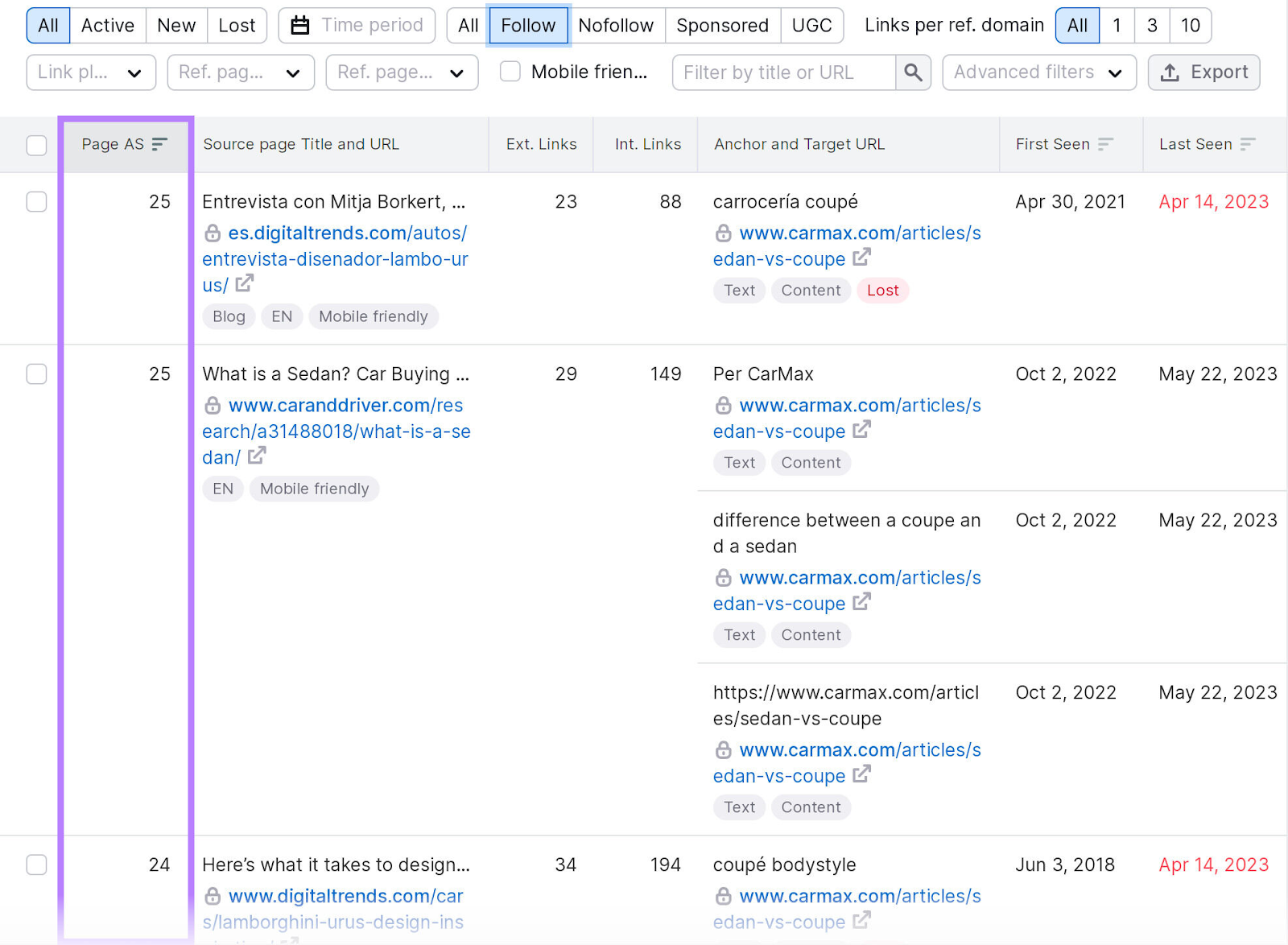 Columna "Página AS" resaltada en la parte izquierda del informe